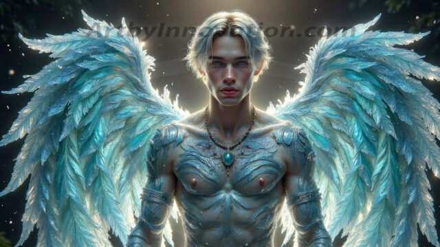 Holy Male Angels of the Elements, with Vibrant Wings. A magical, enchanted fantasy forest, bathed in soft, ethereal light. With towering ancient trees, live the angels of the elements. Stunningly handsome, beautiful, young angel men, who live on earth, deep in the forests. With huge vibrate feathered wings, enormous and shimmering with a radiant hue. The forest is alive with ancient magic.