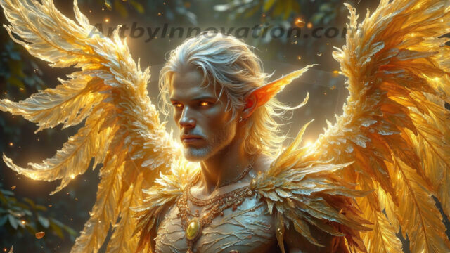 Holy Male Angels of the Elements, with Vibrant Wings. A magical, enchanted fantasy forest, bathed in soft, ethereal light. With towering ancient trees, live the angels of the elements. Stunningly handsome, beautiful, young angel men, who live on earth, deep in the forests. With huge vibrate feathered wings, enormous and shimmering with a radiant hue. The forest is alive with ancient magic.