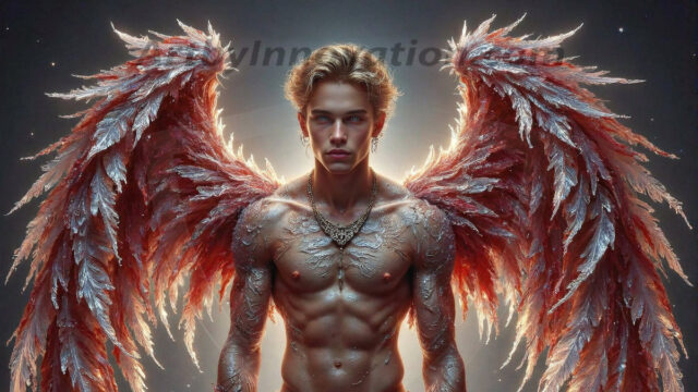 Holy Male Angels of the Elements, with Vibrant Wings. A magical, enchanted fantasy forest, bathed in soft, ethereal light. With towering ancient trees, live the angels of the elements. Stunningly handsome, beautiful, young angel men, who live on earth, deep in the forests. With huge vibrate feathered wings, enormous and shimmering with a radiant hue. The forest is alive with ancient magic.