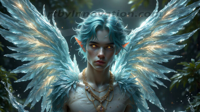Holy Male Angels of the Elements, with Vibrant Wings. A magical, enchanted fantasy forest, bathed in soft, ethereal light. With towering ancient trees, live the angels of the elements. Stunningly handsome, beautiful, young angel men, who live on earth, deep in the forests. With huge vibrate feathered wings, enormous and shimmering with a radiant hue. The forest is alive with ancient magic.