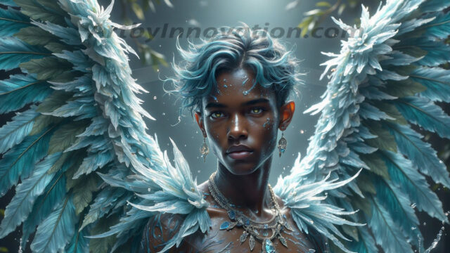 Holy Male Angels of the Elements, with Vibrant Wings. A magical, enchanted fantasy forest, bathed in soft, ethereal light. With towering ancient trees, live the angels of the elements. Stunningly handsome, beautiful, young angel men, who live on earth, deep in the forests. With huge vibrate feathered wings, enormous and shimmering with a radiant hue. The forest is alive with ancient magic.