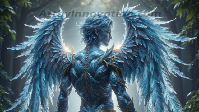 Holy Male Angels of the Elements, with Vibrant Wings. A magical, enchanted fantasy forest, bathed in soft, ethereal light. With towering ancient trees, live the angels of the elements. Stunningly handsome, beautiful, young angel men, who live on earth, deep in the forests. With huge vibrate feathered wings, enormous and shimmering with a radiant hue. The forest is alive with ancient magic.