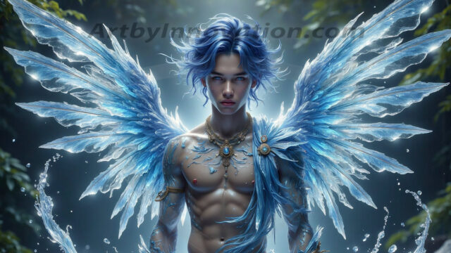 Holy Male Angels of the Elements, with Vibrant Wings. A magical, enchanted fantasy forest, bathed in soft, ethereal light. With towering ancient trees, live the angels of the elements. Stunningly handsome, beautiful, young angel men, who live on earth, deep in the forests. With huge vibrate feathered wings, enormous and shimmering with a radiant hue. The forest is alive with ancient magic.