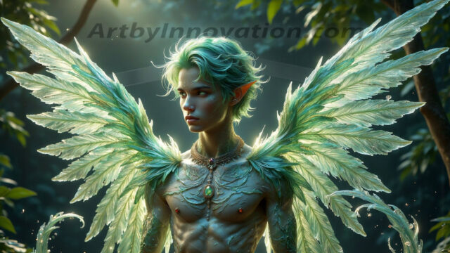 Holy Male Angels of the Elements, with Vibrant Wings. A magical, enchanted fantasy forest, bathed in soft, ethereal light. With towering ancient trees, live the angels of the elements. Stunningly handsome, beautiful, young angel men, who live on earth, deep in the forests. With huge vibrate feathered wings, enormous and shimmering with a radiant hue. The forest is alive with ancient magic.