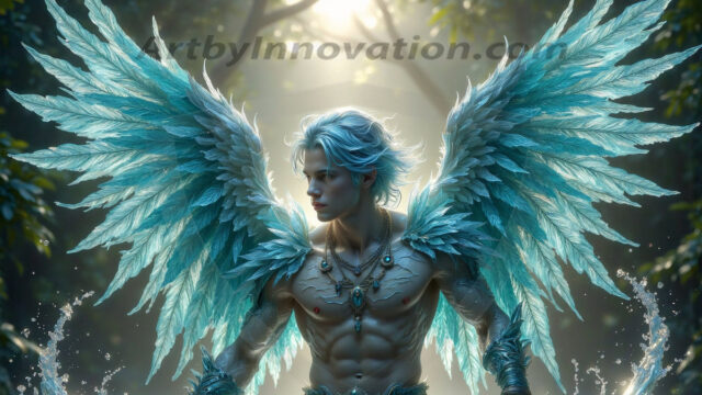 Holy Male Angels of the Elements, with Vibrant Wings. A magical, enchanted fantasy forest, bathed in soft, ethereal light. With towering ancient trees, live the angels of the elements. Stunningly handsome, beautiful, young angel men, who live on earth, deep in the forests. With huge vibrate feathered wings, enormous and shimmering with a radiant hue. The forest is alive with ancient magic.