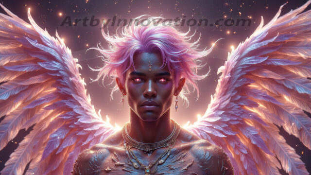 Holy Male Angels of the Elements, with Vibrant Wings. A magical, enchanted fantasy forest, bathed in soft, ethereal light. With towering ancient trees, live the angels of the elements. Stunningly handsome, beautiful, young angel men, who live on earth, deep in the forests. With huge vibrate feathered wings, enormous and shimmering with a radiant hue. The forest is alive with ancient magic.