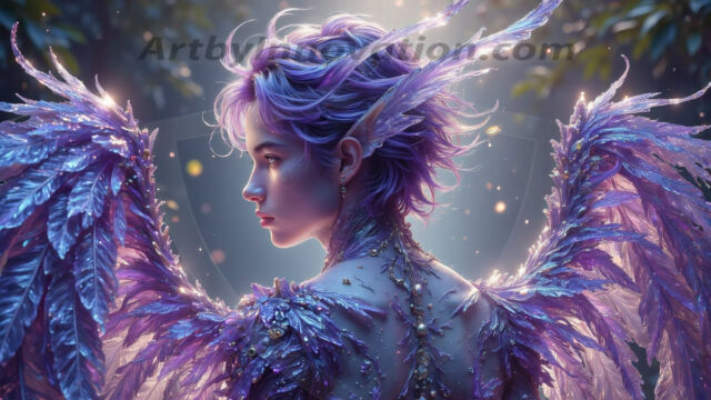 Holy Male Angels of the Elements, with Vibrant Wings. A magical, enchanted fantasy forest, bathed in soft, ethereal light. With towering ancient trees, live the angels of the elements. Stunningly handsome, beautiful, young angel men, who live on earth, deep in the forests. With huge vibrate feathered wings, enormous and shimmering with a radiant hue. The forest is alive with ancient magic.