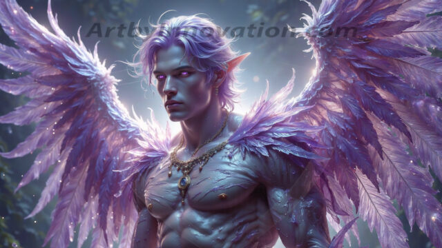 Holy Male Angels of the Elements, with Vibrant Wings. A magical, enchanted fantasy forest, bathed in soft, ethereal light. With towering ancient trees, live the angels of the elements. Stunningly handsome, beautiful, young angel men, who live on earth, deep in the forests. With huge vibrate feathered wings, enormous and shimmering with a radiant hue. The forest is alive with ancient magic.