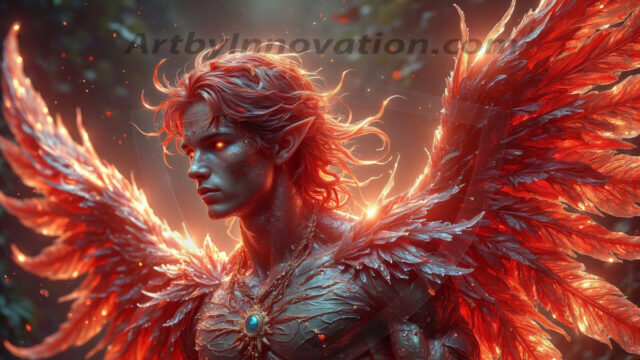 Holy Male Angels of the Elements, with Vibrant Wings. A magical, enchanted fantasy forest, bathed in soft, ethereal light. With towering ancient trees, live the angels of the elements. Stunningly handsome, beautiful, young angel men, who live on earth, deep in the forests. With huge vibrate feathered wings, enormous and shimmering with a radiant hue. The forest is alive with ancient magic.