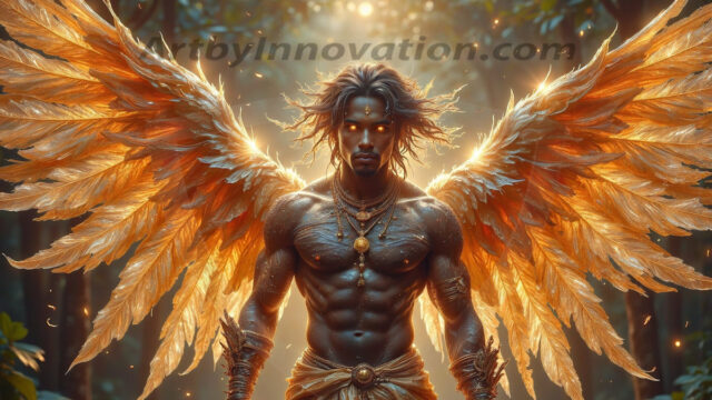 Holy Male Angels of the Elements, with Vibrant Wings. A magical, enchanted fantasy forest, bathed in soft, ethereal light. With towering ancient trees, live the angels of the elements. Stunningly handsome, beautiful, young angel men, who live on earth, deep in the forests. With huge vibrate feathered wings, enormous and shimmering with a radiant hue. The forest is alive with ancient magic.