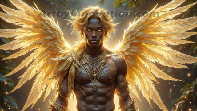 Holy Male Angels of the Elements, with Vibrant Wings. A magical, enchanted fantasy forest, bathed in soft, ethereal light. With towering ancient trees, live the angels of the elements. Stunningly handsome, beautiful, young angel men, who live on earth, deep in the forests. With huge vibrate feathered wings, enormous and shimmering with a radiant hue. The forest is alive with ancient magic.