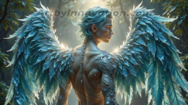 Holy Male Angels of the Elements, with Vibrant Wings. A magical, enchanted fantasy forest, bathed in soft, ethereal light. With towering ancient trees, live the angels of the elements. Stunningly handsome, beautiful, young angel men, who live on earth, deep in the forests. With huge vibrate feathered wings, enormous and shimmering with a radiant hue. The forest is alive with ancient magic.