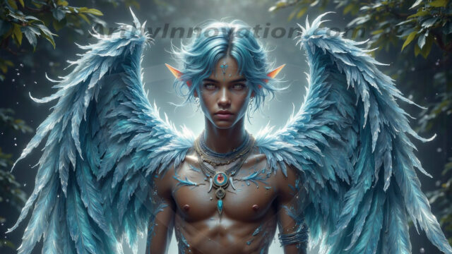 Holy Male Angels of the Elements, with Vibrant Wings. A magical, enchanted fantasy forest, bathed in soft, ethereal light. With towering ancient trees, live the angels of the elements. Stunningly handsome, beautiful, young angel men, who live on earth, deep in the forests. With huge vibrate feathered wings, enormous and shimmering with a radiant hue. The forest is alive with ancient magic.