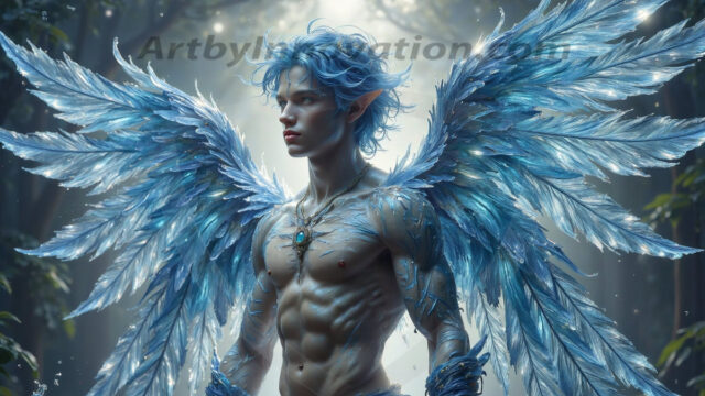 Holy Male Angels of the Elements, with Vibrant Wings. A magical, enchanted fantasy forest, bathed in soft, ethereal light. With towering ancient trees, live the angels of the elements. Stunningly handsome, beautiful, young angel men, who live on earth, deep in the forests. With huge vibrate feathered wings, enormous and shimmering with a radiant hue. The forest is alive with ancient magic.