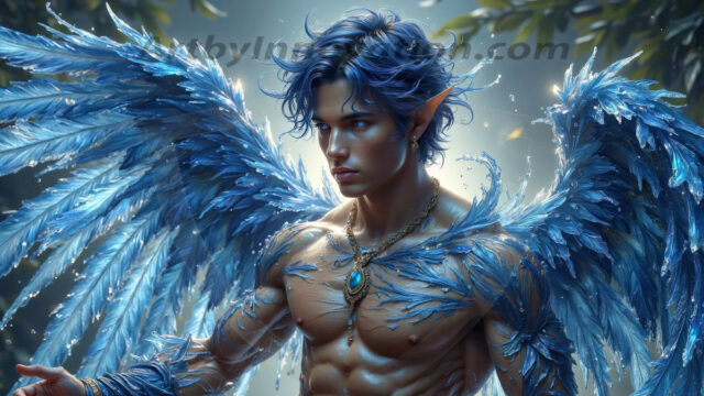 Holy Male Angels of the Elements, with Vibrant Wings. A magical, enchanted fantasy forest, bathed in soft, ethereal light. With towering ancient trees, live the angels of the elements. Stunningly handsome, beautiful, young angel men, who live on earth, deep in the forests. With huge vibrate feathered wings, enormous and shimmering with a radiant hue. The forest is alive with ancient magic.
