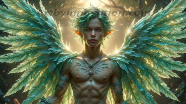 Holy Male Angels of the Elements, with Vibrant Wings. A magical, enchanted fantasy forest, bathed in soft, ethereal light. With towering ancient trees, live the angels of the elements. Stunningly handsome, beautiful, young angel men, who live on earth, deep in the forests. With huge vibrate feathered wings, enormous and shimmering with a radiant hue. The forest is alive with ancient magic.