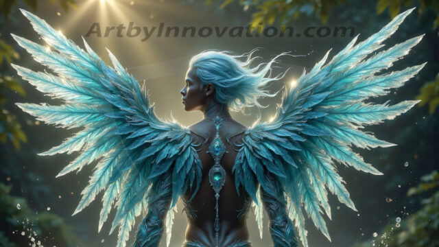 Holy Male Angels of the Elements, with Vibrant Wings. A magical, enchanted fantasy forest, bathed in soft, ethereal light. With towering ancient trees, live the angels of the elements. Stunningly handsome, beautiful, young angel men, who live on earth, deep in the forests. With huge vibrate feathered wings, enormous and shimmering with a radiant hue. The forest is alive with ancient magic.