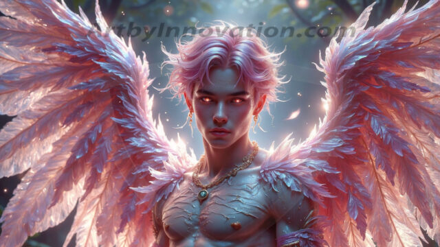 Holy Male Angels of the Elements, with Vibrant Wings. A magical, enchanted fantasy forest, bathed in soft, ethereal light. With towering ancient trees, live the angels of the elements. Stunningly handsome, beautiful, young angel men, who live on earth, deep in the forests. With huge vibrate feathered wings, enormous and shimmering with a radiant hue. The forest is alive with ancient magic.