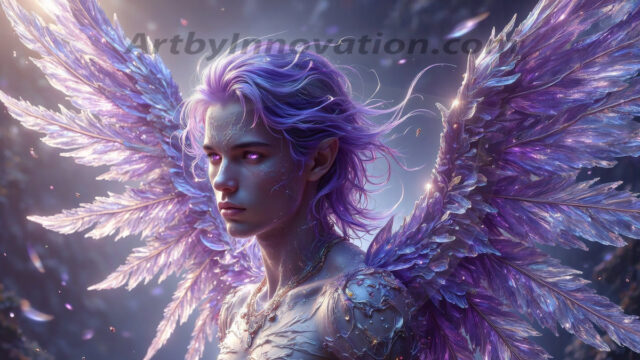 Holy Male Angels of the Elements, with Vibrant Wings. A magical, enchanted fantasy forest, bathed in soft, ethereal light. With towering ancient trees, live the angels of the elements. Stunningly handsome, beautiful, young angel men, who live on earth, deep in the forests. With huge vibrate feathered wings, enormous and shimmering with a radiant hue. The forest is alive with ancient magic.