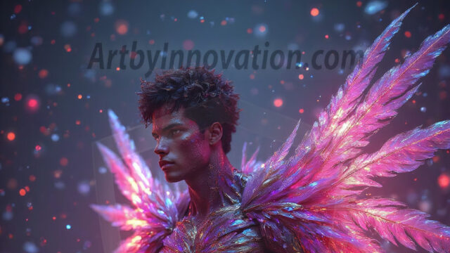 Holy Male Angels of the Elements, with Vibrant Wings. A magical, enchanted fantasy forest, bathed in soft, ethereal light. With towering ancient trees, live the angels of the elements. Stunningly handsome, beautiful, young angel men, who live on earth, deep in the forests. With huge vibrate feathered wings, enormous and shimmering with a radiant hue. The forest is alive with ancient magic.