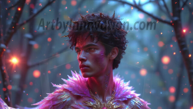 Holy Male Angels of the Elements, with Vibrant Wings. A magical, enchanted fantasy forest, bathed in soft, ethereal light. With towering ancient trees, live the angels of the elements. Stunningly handsome, beautiful, young angel men, who live on earth, deep in the forests. With huge vibrate feathered wings, enormous and shimmering with a radiant hue. The forest is alive with ancient magic.