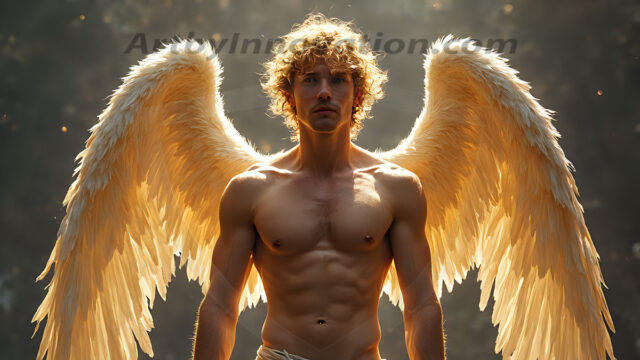 Holy Male Angels of the Elements, with Vibrant Wings. A magical, enchanted fantasy forest, bathed in soft, ethereal light. With towering ancient trees, live the angels of the elements. Stunningly handsome, beautiful, young angel men, who live on earth, deep in the forests. With huge vibrate feathered wings, enormous and shimmering with a radiant hue. The forest is alive with ancient magic.