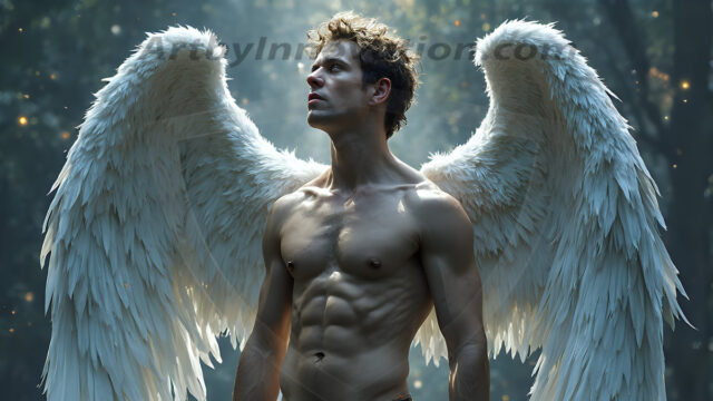 Holy Male Angels of the Elements, with Vibrant Wings. A magical, enchanted fantasy forest, bathed in soft, ethereal light. With towering ancient trees, live the angels of the elements. Stunningly handsome, beautiful, young angel men, who live on earth, deep in the forests. With huge vibrate feathered wings, enormous and shimmering with a radiant hue. The forest is alive with ancient magic.