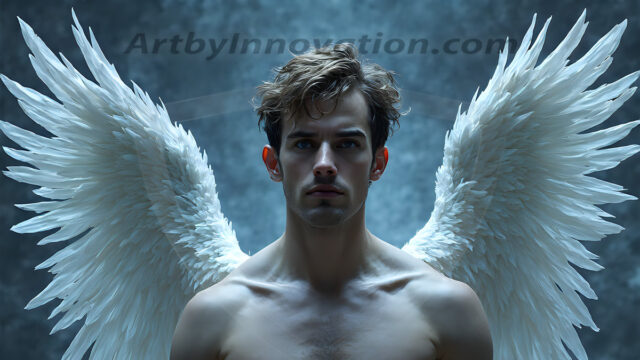 Holy Male Angels of the Elements, with Vibrant Wings. A magical, enchanted fantasy forest, bathed in soft, ethereal light. With towering ancient trees, live the angels of the elements. Stunningly handsome, beautiful, young angel men, who live on earth, deep in the forests. With huge vibrate feathered wings, enormous and shimmering with a radiant hue. The forest is alive with ancient magic.