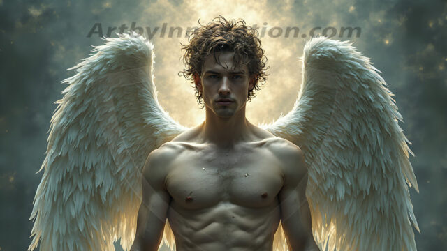 Holy Male Angels of the Elements, with Vibrant Wings. A magical, enchanted fantasy forest, bathed in soft, ethereal light. With towering ancient trees, live the angels of the elements. Stunningly handsome, beautiful, young angel men, who live on earth, deep in the forests. With huge vibrate feathered wings, enormous and shimmering with a radiant hue. The forest is alive with ancient magic.