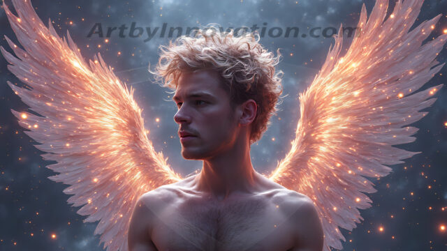 Holy Male Angels of the Elements, with Vibrant Wings. A magical, enchanted fantasy forest, bathed in soft, ethereal light. With towering ancient trees, live the angels of the elements. Stunningly handsome, beautiful, young angel men, who live on earth, deep in the forests. With huge vibrate feathered wings, enormous and shimmering with a radiant hue. The forest is alive with ancient magic.