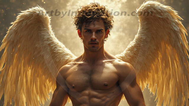 Holy Male Angels of the Elements, with Vibrant Wings. A magical, enchanted fantasy forest, bathed in soft, ethereal light. With towering ancient trees, live the angels of the elements. Stunningly handsome, beautiful, young angel men, who live on earth, deep in the forests. With huge vibrate feathered wings, enormous and shimmering with a radiant hue. The forest is alive with ancient magic.