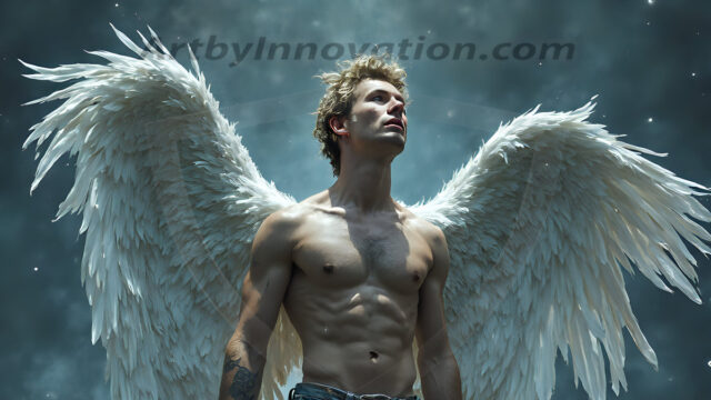 Holy Male Angels of the Elements, with Vibrant Wings. A magical, enchanted fantasy forest, bathed in soft, ethereal light. With towering ancient trees, live the angels of the elements. Stunningly handsome, beautiful, young angel men, who live on earth, deep in the forests. With huge vibrate feathered wings, enormous and shimmering with a radiant hue. The forest is alive with ancient magic.