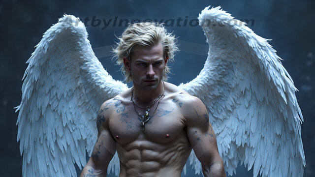 Holy Male Angels of the Elements, with Vibrant Wings. A magical, enchanted fantasy forest, bathed in soft, ethereal light. With towering ancient trees, live the angels of the elements. Stunningly handsome, beautiful, young angel men, who live on earth, deep in the forests. With huge vibrate feathered wings, enormous and shimmering with a radiant hue. The forest is alive with ancient magic.