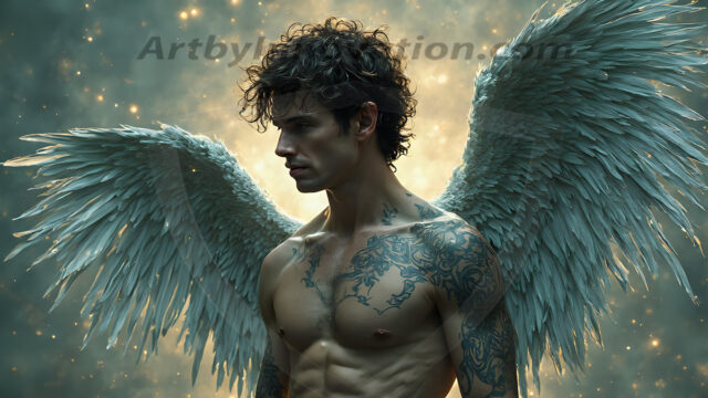 Holy Male Angels of the Elements, with Vibrant Wings. A magical, enchanted fantasy forest, bathed in soft, ethereal light. With towering ancient trees, live the angels of the elements. Stunningly handsome, beautiful, young angel men, who live on earth, deep in the forests. With huge vibrate feathered wings, enormous and shimmering with a radiant hue. The forest is alive with ancient magic.