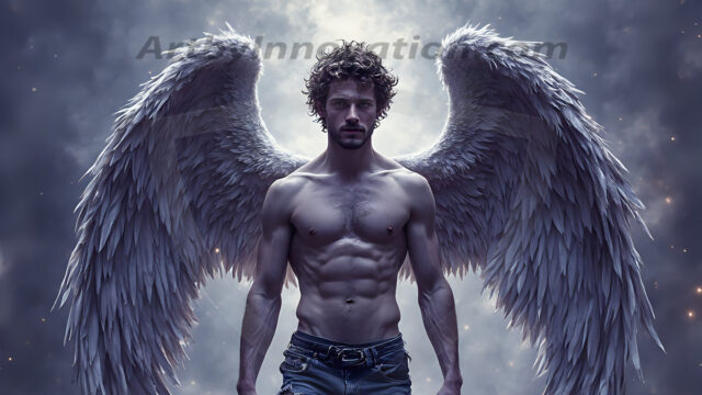 Holy Male Angels of the Elements, with Vibrant Wings. A magical, enchanted fantasy forest, bathed in soft, ethereal light. With towering ancient trees, live the angels of the elements. Stunningly handsome, beautiful, young angel men, who live on earth, deep in the forests. With huge vibrate feathered wings, enormous and shimmering with a radiant hue. The forest is alive with ancient magic.