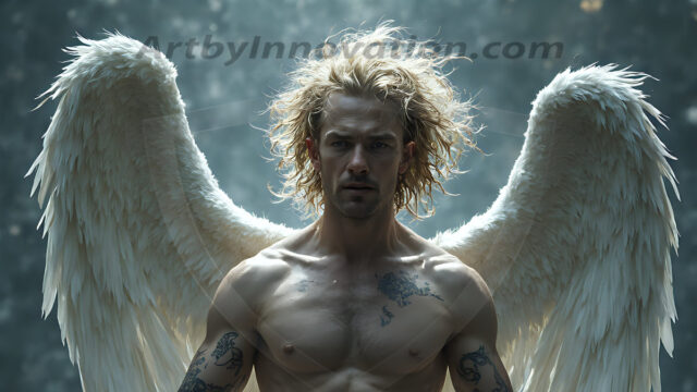 Holy Male Angels of the Elements, with Vibrant Wings. A magical, enchanted fantasy forest, bathed in soft, ethereal light. With towering ancient trees, live the angels of the elements. Stunningly handsome, beautiful, young angel men, who live on earth, deep in the forests. With huge vibrate feathered wings, enormous and shimmering with a radiant hue. The forest is alive with ancient magic.