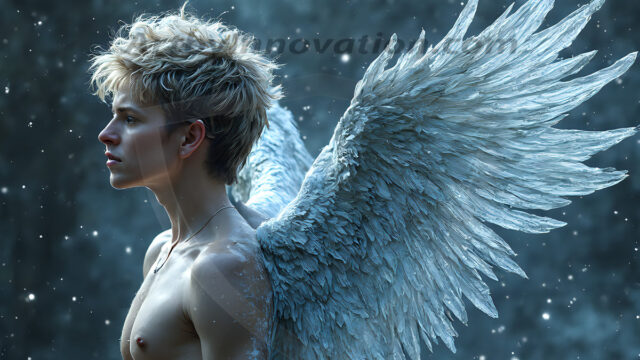 Holy Male Angels of the Elements, with Vibrant Wings. A magical, enchanted fantasy forest, bathed in soft, ethereal light. With towering ancient trees, live the angels of the elements. Stunningly handsome, beautiful, young angel men, who live on earth, deep in the forests. With huge vibrate feathered wings, enormous and shimmering with a radiant hue. The forest is alive with ancient magic.