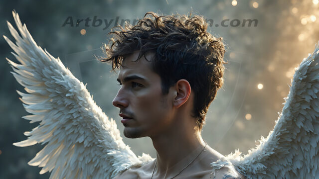 Holy Male Angels of the Elements, with Vibrant Wings. A magical, enchanted fantasy forest, bathed in soft, ethereal light. With towering ancient trees, live the angels of the elements. Stunningly handsome, beautiful, young angel men, who live on earth, deep in the forests. With huge vibrate feathered wings, enormous and shimmering with a radiant hue. The forest is alive with ancient magic.