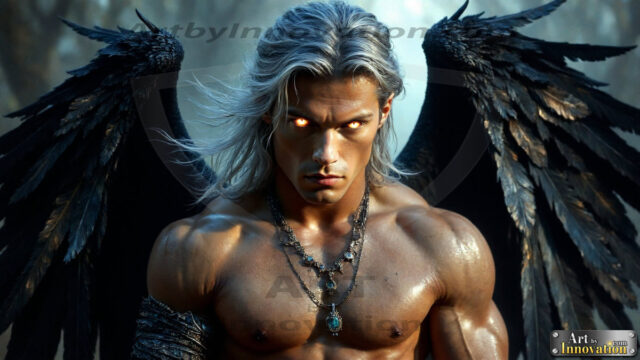 A Dark Angel with huge vibrate feathered wings, enormous and shimmering. Here is a raw, untamed energy that emanates from him. His presence is electrifying, drawing viewers in with his captivating gaze and formidable presence.