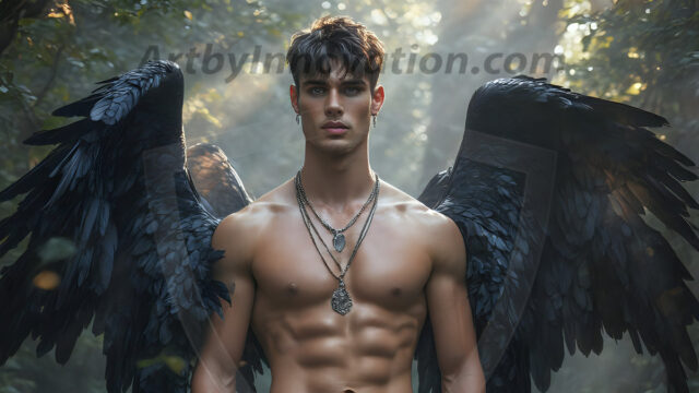 A Dark Angel with huge vibrate feathered wings, enormous and shimmering. Here is a raw, untamed energy that emanates from him. His presence is electrifying, drawing viewers in with his captivating gaze and formidable presence.