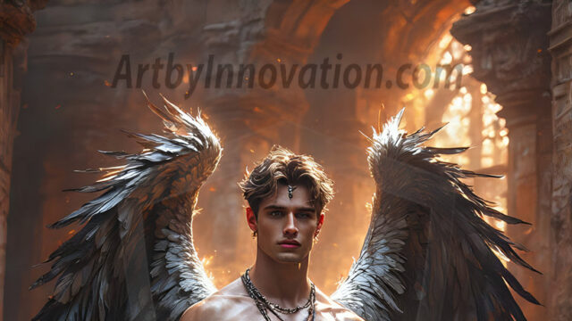 A Dark Angel with huge vibrate feathered wings, enormous and shimmering. Here is a raw, untamed energy that emanates from him. His presence is electrifying, drawing viewers in with his captivating gaze and formidable presence.