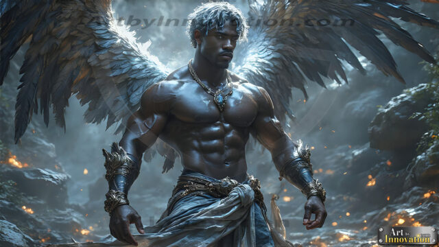 A Dark Angel with huge vibrate feathered wings, enormous and shimmering. Here is a raw, untamed energy that emanates from him. His presence is electrifying, drawing viewers in with his captivating gaze and formidable presence.
