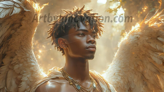 A Dark Angel with huge vibrate feathered wings, enormous and shimmering. Here is a raw, untamed energy that emanates from him. His presence is electrifying, drawing viewers in with his captivating gaze and formidable presence.