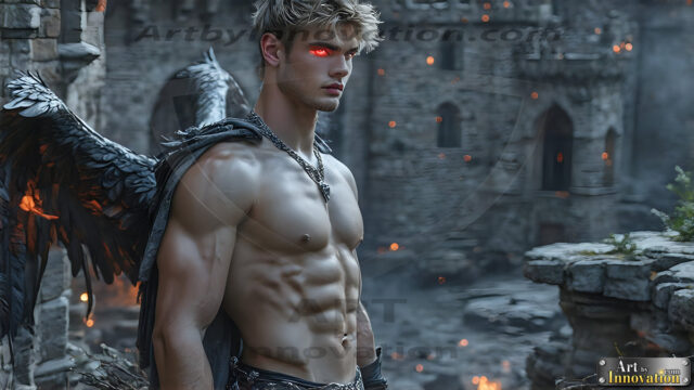 A Dark Angel with huge vibrate feathered wings, enormous and shimmering. Here is a raw, untamed energy that emanates from him. His presence is electrifying, drawing viewers in with his captivating gaze and formidable presence.