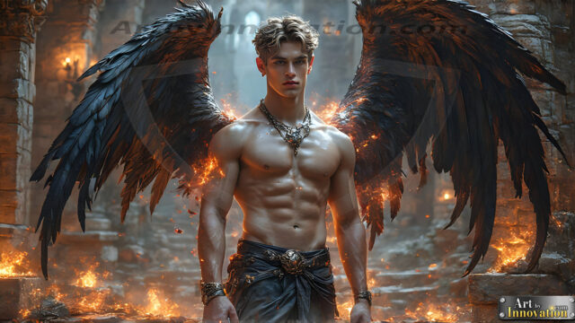 A Dark Angel with huge vibrate feathered wings, enormous and shimmering. Here is a raw, untamed energy that emanates from him. His presence is electrifying, drawing viewers in with his captivating gaze and formidable presence.