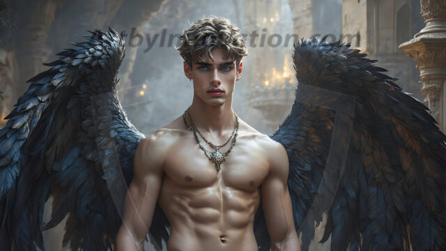 A Dark Angel with huge vibrate feathered wings, enormous and shimmering. Here is a raw, untamed energy that emanates from him. His presence is electrifying, drawing viewers in with his captivating gaze and formidable presence.