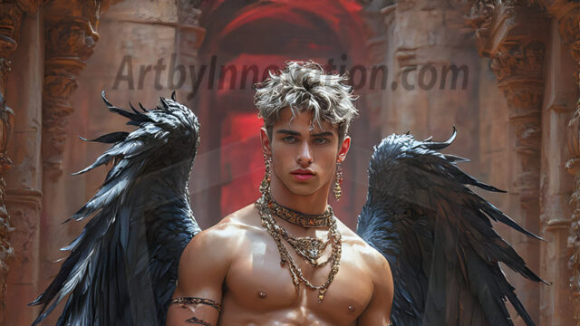 A Dark Angel with huge vibrate feathered wings, enormous and shimmering. Here is a raw, untamed energy that emanates from him. His presence is electrifying, drawing viewers in with his captivating gaze and formidable presence.