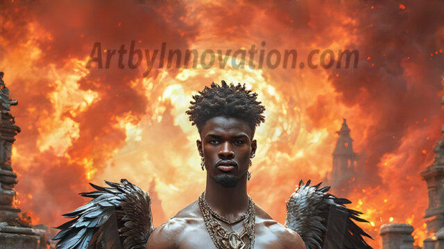 A Dark Angel with huge vibrate feathered wings, enormous and shimmering. Here is a raw, untamed energy that emanates from him. His presence is electrifying, drawing viewers in with his captivating gaze and formidable presence.