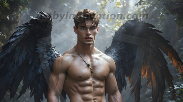A Dark Angel with huge vibrate feathered wings, enormous and shimmering. Here is a raw, untamed energy that emanates from him. His presence is electrifying, drawing viewers in with his captivating gaze and formidable presence.