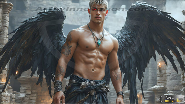A Dark Angel with huge vibrate feathered wings, enormous and shimmering. Here is a raw, untamed energy that emanates from him. His presence is electrifying, drawing viewers in with his captivating gaze and formidable presence.